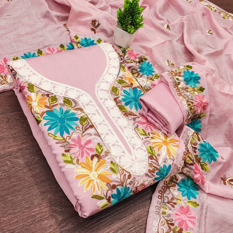 women's baby pink unstitched roman silk dress material with embroidered dupatta