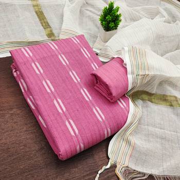 women's pink unstitched cotton jacquard dress material with woven dupatta 1