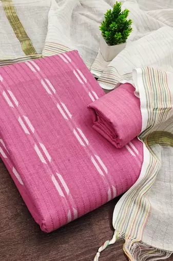 women's pink unstitched cotton jacquard dress material with woven dupatta