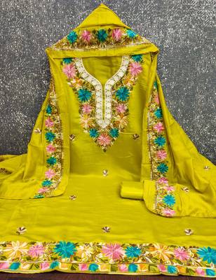 women's green unstitched roman silk dress material with embroidered dupatta 2