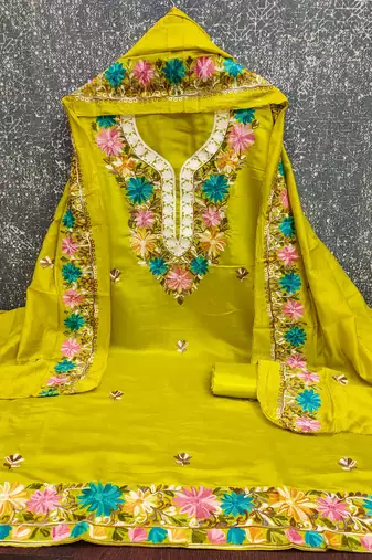women's green unstitched roman silk dress material with embroidered dupatta