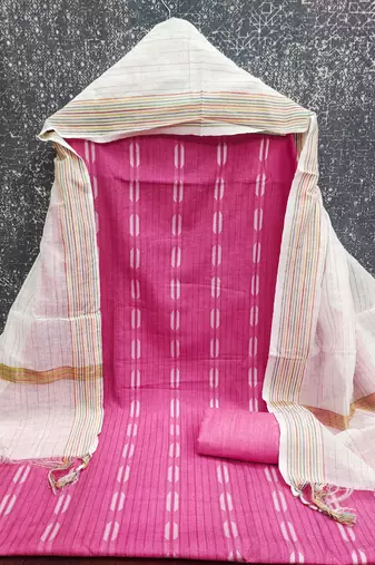 women's pink unstitched cotton jacquard dress material with woven dupatta