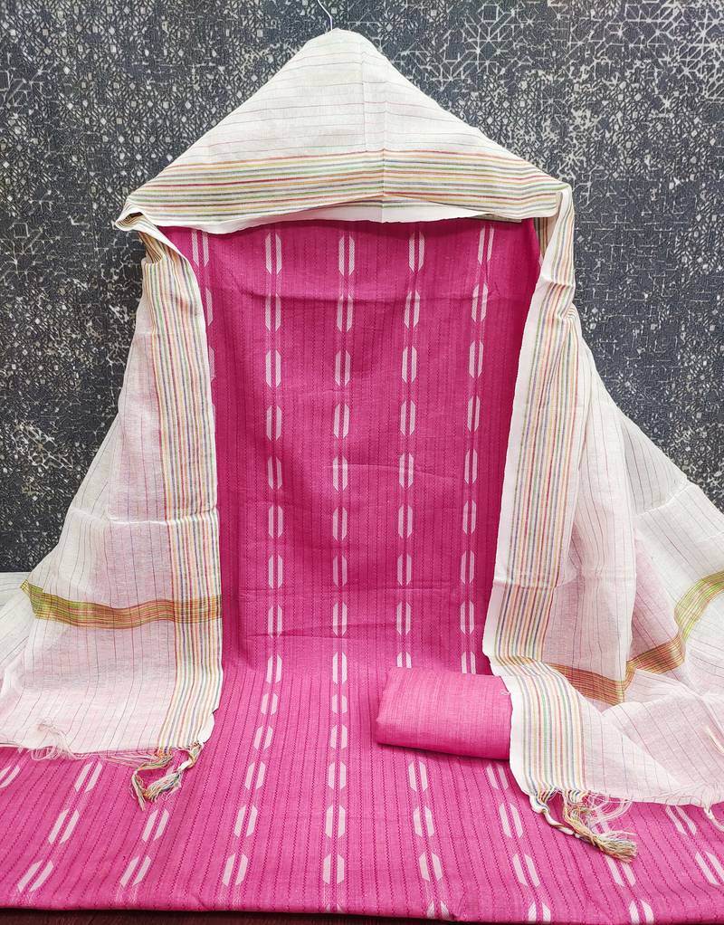 women's pink unstitched cotton jacquard dress material with woven dupatta
