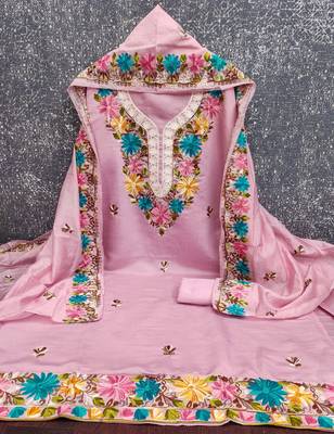 women's baby pink unstitched roman silk dress material with embroidered dupatta 2