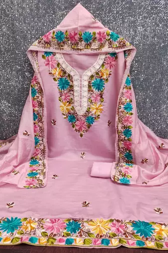 women's baby pink unstitched roman silk dress material with embroidered dupatta
