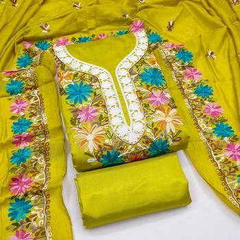 women's green unstitched roman silk dress material with embroidered dupatta 3