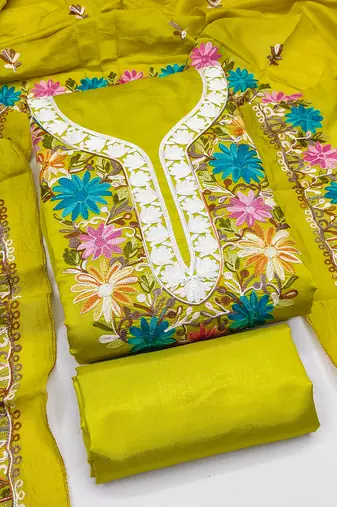 women's green unstitched roman silk dress material with embroidered dupatta