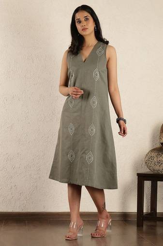 Olive hand embroidered dress