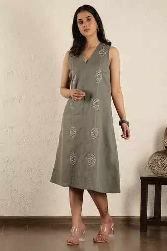 Olive hand embroidered dress