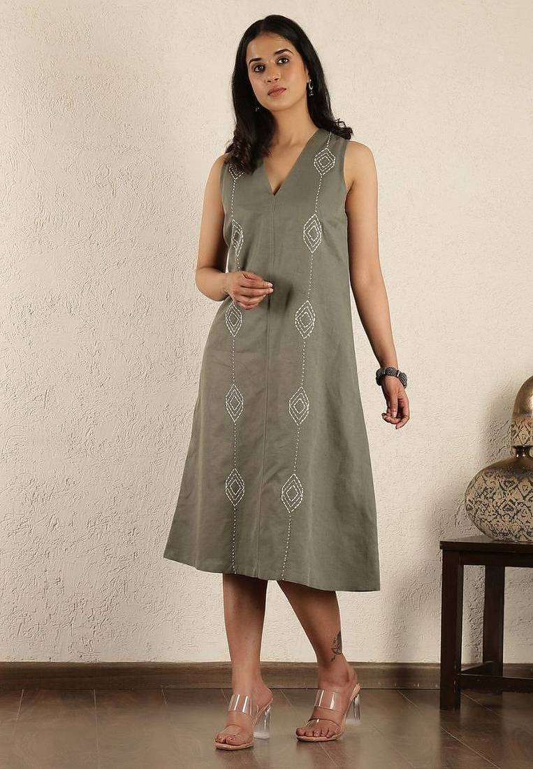 Olive hand embroidered dress