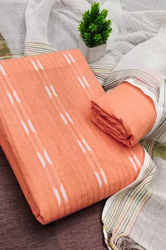 women's peach unstitched cotton jacquard dress material with woven dupatta
