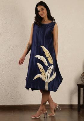 Blue chanderi embroidered dress 1