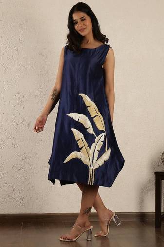Blue chanderi embroidered dress