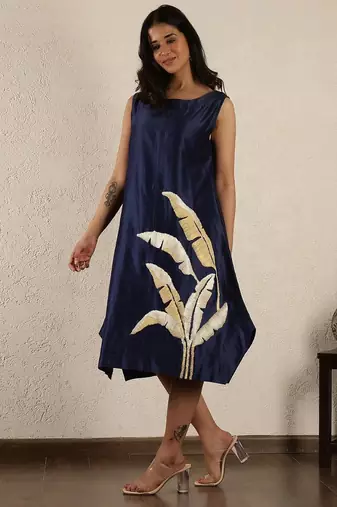 Blue chanderi embroidered dress