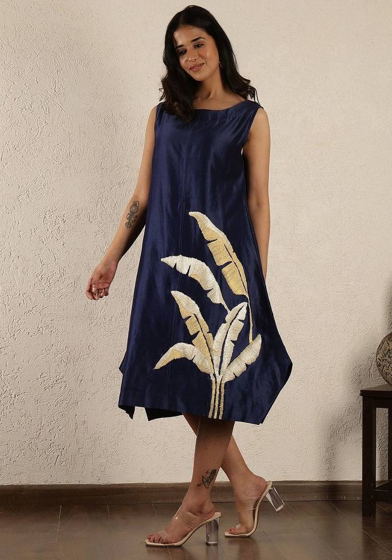 Blue chanderi embroidered dress