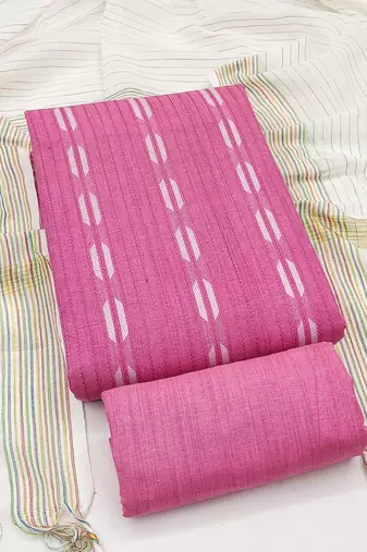 women's pink unstitched cotton jacquard dress material with woven dupatta