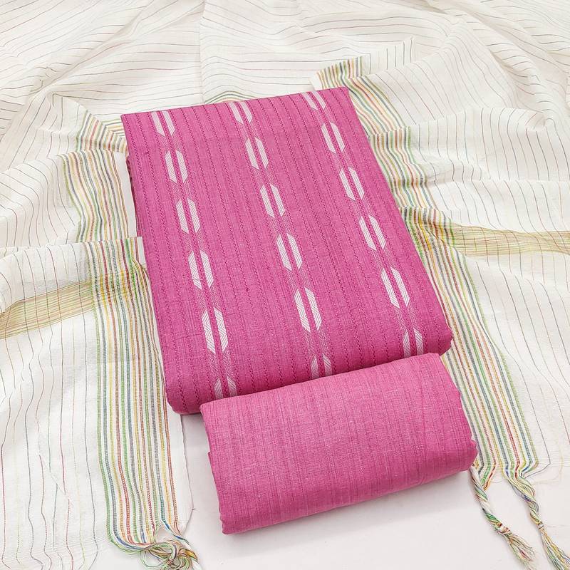 women's pink unstitched cotton jacquard dress material with woven dupatta
