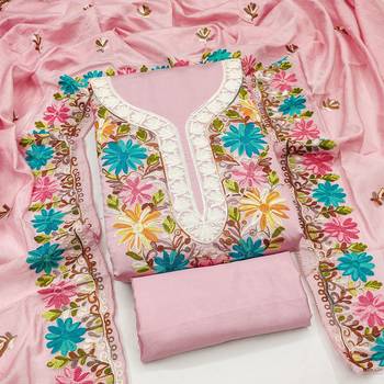 women's baby pink unstitched roman silk dress material with embroidered dupatta 3