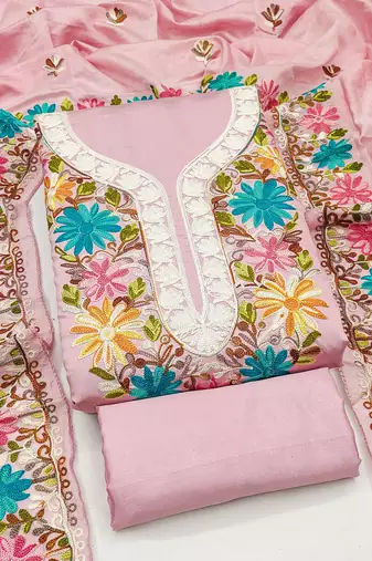 women's baby pink unstitched roman silk dress material with embroidered dupatta