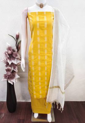 women's yellow unstitched cotton jacquard dress material with woven dupatta 4
