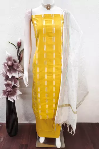 women's yellow unstitched cotton jacquard dress material with woven dupatta
