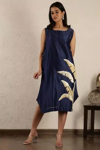 Blue chanderi embroidered dress