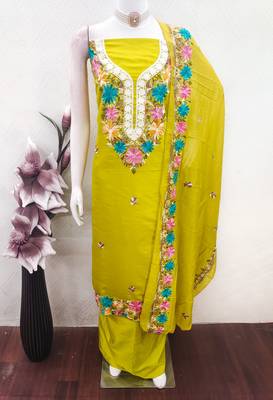 women's green unstitched roman silk dress material with embroidered dupatta 4