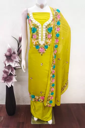 women's green unstitched roman silk dress material with embroidered dupatta