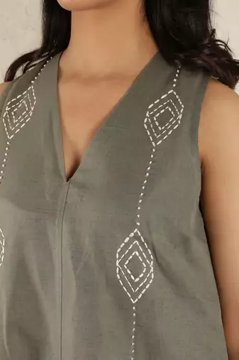 Olive hand embroidered dress