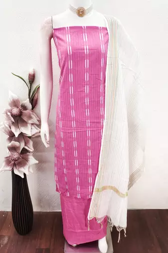 women's pink unstitched cotton jacquard dress material with woven dupatta