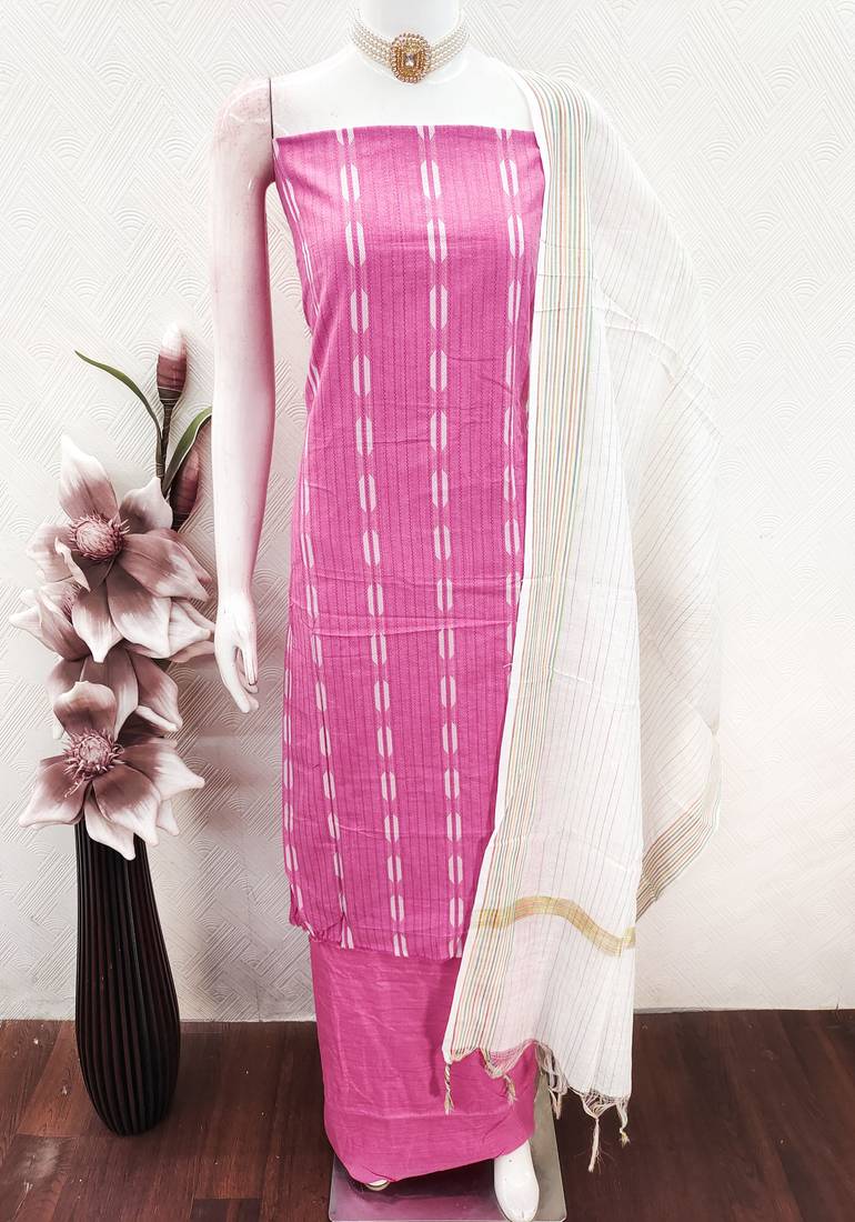 women's pink unstitched cotton jacquard dress material with woven dupatta