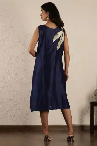 Blue chanderi embroidered dress