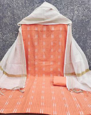 women's peach unstitched cotton jacquard dress material with woven dupatta 2