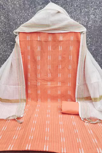 women's peach unstitched cotton jacquard dress material with woven dupatta