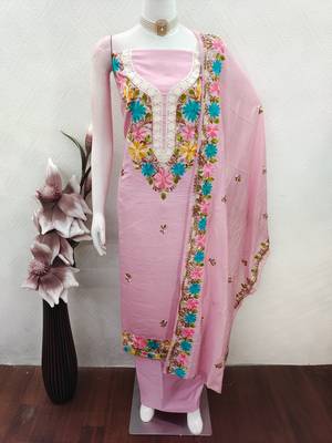 women's baby pink unstitched roman silk dress material with embroidered dupatta 4