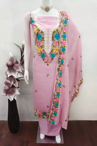 women's baby pink unstitched roman silk dress material with embroidered dupatta