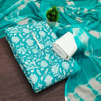 women's sea green unstitched cotton dress material with saboori printed dupatta 1