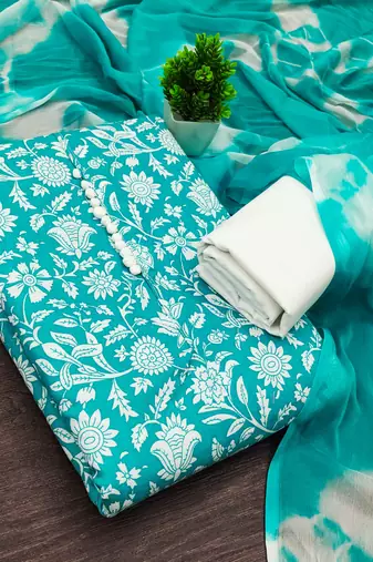 women's sea green unstitched cotton dress material with saboori printed dupatta