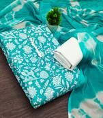 women's sea green unstitched cotton dress material with saboori printed dupatta