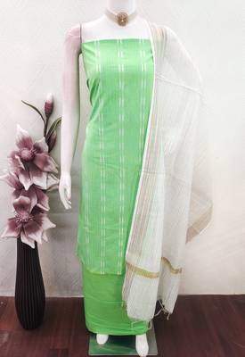 women's light green unstitched cotton jacquard dress material with woven dupatta 4