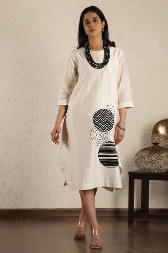 Off white chanderi silk applique dress