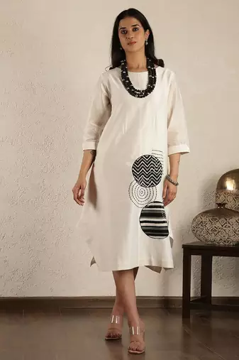 Off white chanderi silk applique dress