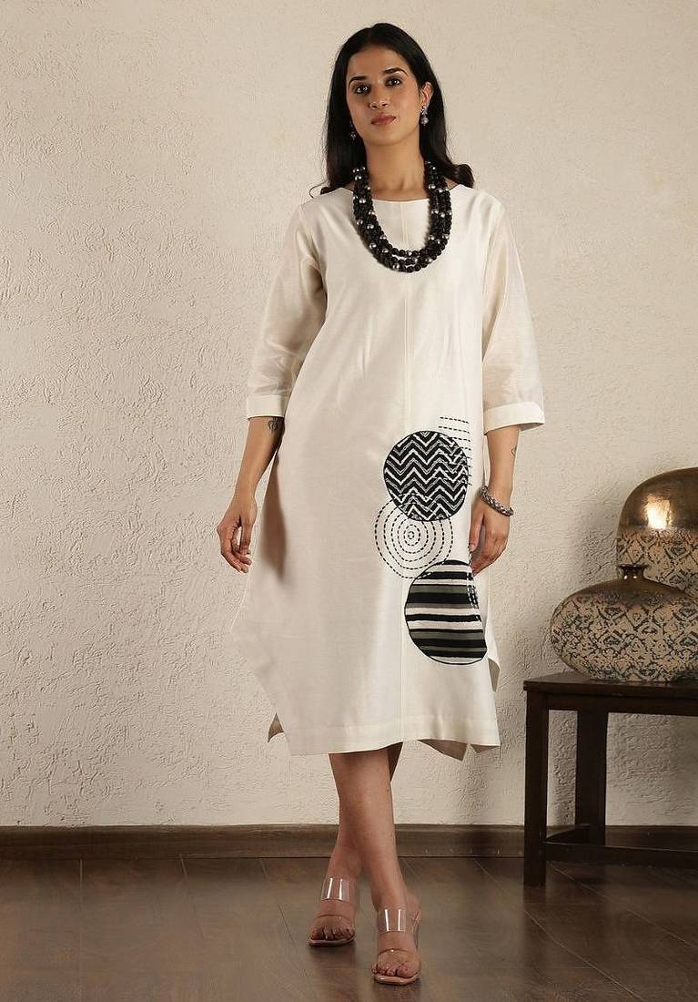 Off white chanderi silk applique dress