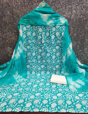 women's sea green unstitched cotton dress material with saboori printed dupatta 2