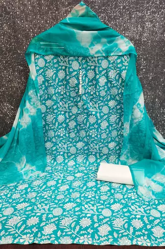 women's sea green unstitched cotton dress material with saboori printed dupatta
