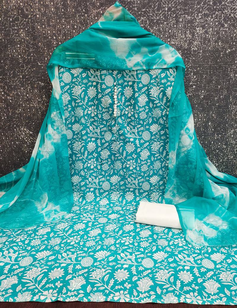 women's sea green unstitched cotton dress material with saboori printed dupatta