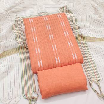 women's peach unstitched cotton jacquard dress material with woven dupatta 3