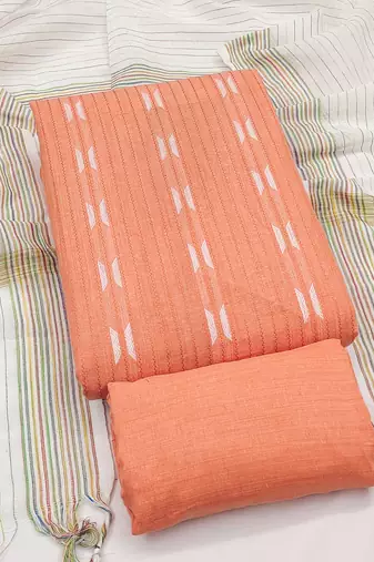 women's peach unstitched cotton jacquard dress material with woven dupatta