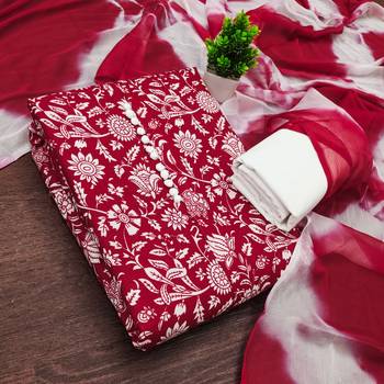 women's red unstitched cotton dress material with saboori printed dupatta 1