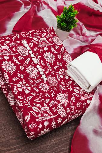 women's red unstitched cotton dress material with saboori printed dupatta